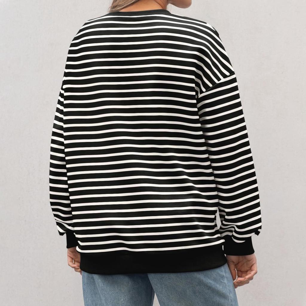 Женская мода круглый вырез полосатый длинный рукав повседневный спортивный свитер топ