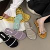 Flat-bottomed Rhinestone Fashion Sandals 2025 Summer French Sweet Yellow Open-toed Vacation Beach Cool Slippers Women's Shoes