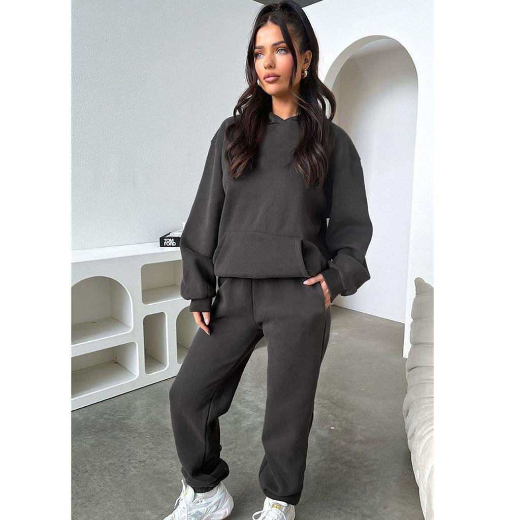 Женский однотонный комплект осенне-зимнего флисового свитшота с длинными рукавами и капюшоном, модный повседневный толстовка, брючный костюм