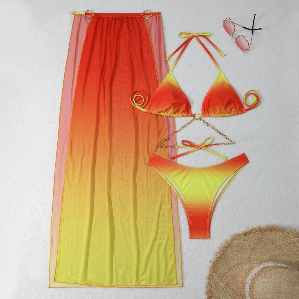 Sexy with Cover Up Gradient Halter Bikini 3PCS Female Swimsuit Women Swimwear Three-pieces Bikini Set Bather Bathing Suit Swim