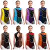 Girls Gymnastics Leotard Color Block Mock Neck Sleeveless Keyhole Back Shiny Rhinestones Tassels Bodysuit