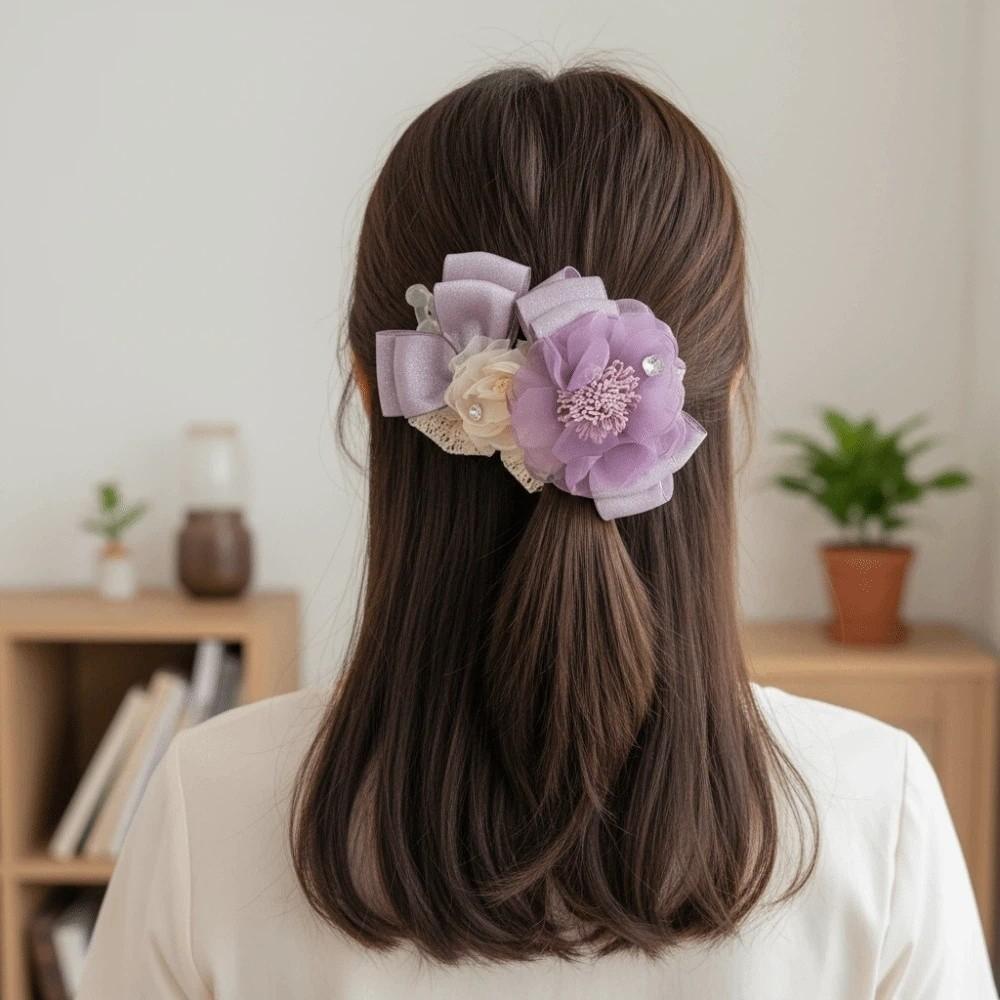 Elegant Flower Banana Clip Resin Women Ponytail Holder Purple Mesh Vertical Clip for Gifts