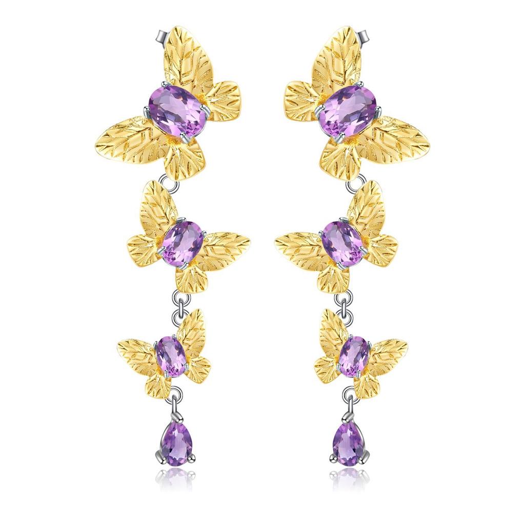 Высококачественные оригинальные дизайнерские серьги с драгоценными камнями. Серьги из серебра 925 пробы с натуральным аметистом в естественном стиле.