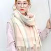 Pink Japanese Style Plaid Cashmere Imitation Scarf with Tassels - Women's Elegant Winter Shawl