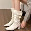 Women's Fold Over Mid Calf Boots Slouchy Pointed Toe Chunky Heel Boots Pull On Fall Winter Boot Shoes Platform Low Block Heeled Booties for Women