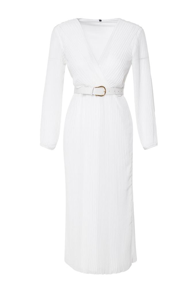 Женское стильное платье Черное шифоновое тканое платье трапециевидной формы с поясом и плиссировкой макси