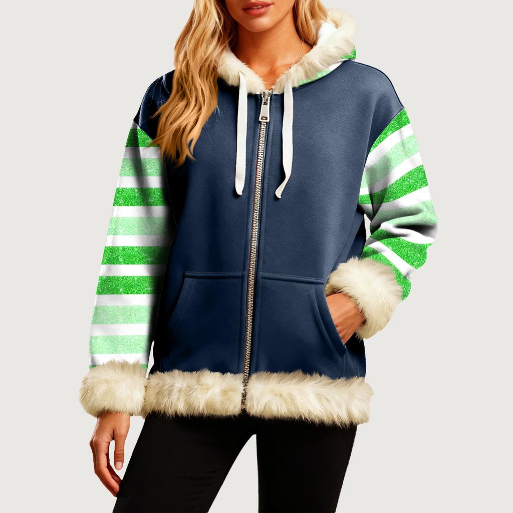 Женская Удобная Свободная Модная Повседневная Толстовка-Куртка с Длинным Рукавом, Карманами и Капюшоном с Полосатым Принтом