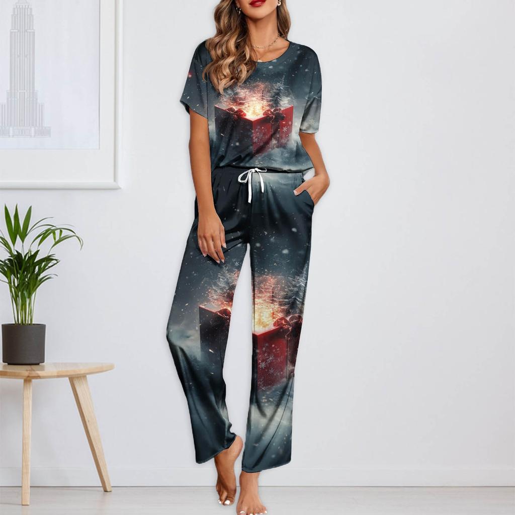 Женский шелковый атласный пижамный комплект с рождественским принтом, рубашка с коротким рукавом и длинные пижамные штаны, мягкая домашняя одежда
