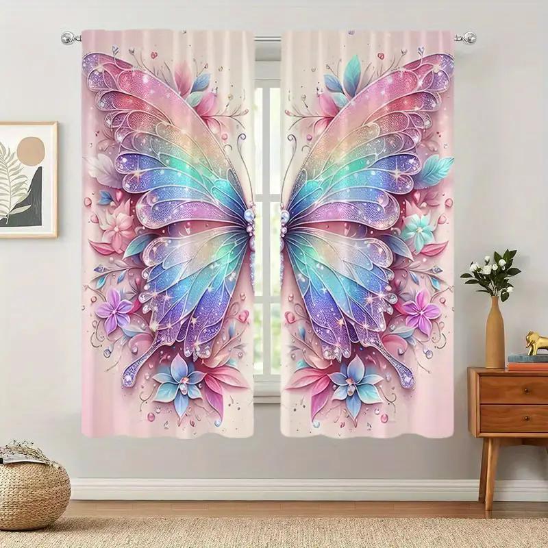 2Pcs- Elegant Colorful Butterfly-Printed Curtains, Pole Bag Curtains, Bedroom And Living Room, Home Decoration, Room Decoration