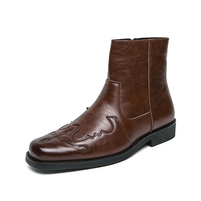 Мужские кожаные ковбойские сапоги класса люкс, трендовые ретро-сапоги с боковой молнией, классические ковбойские классические ретро-стильные удобные сапоги