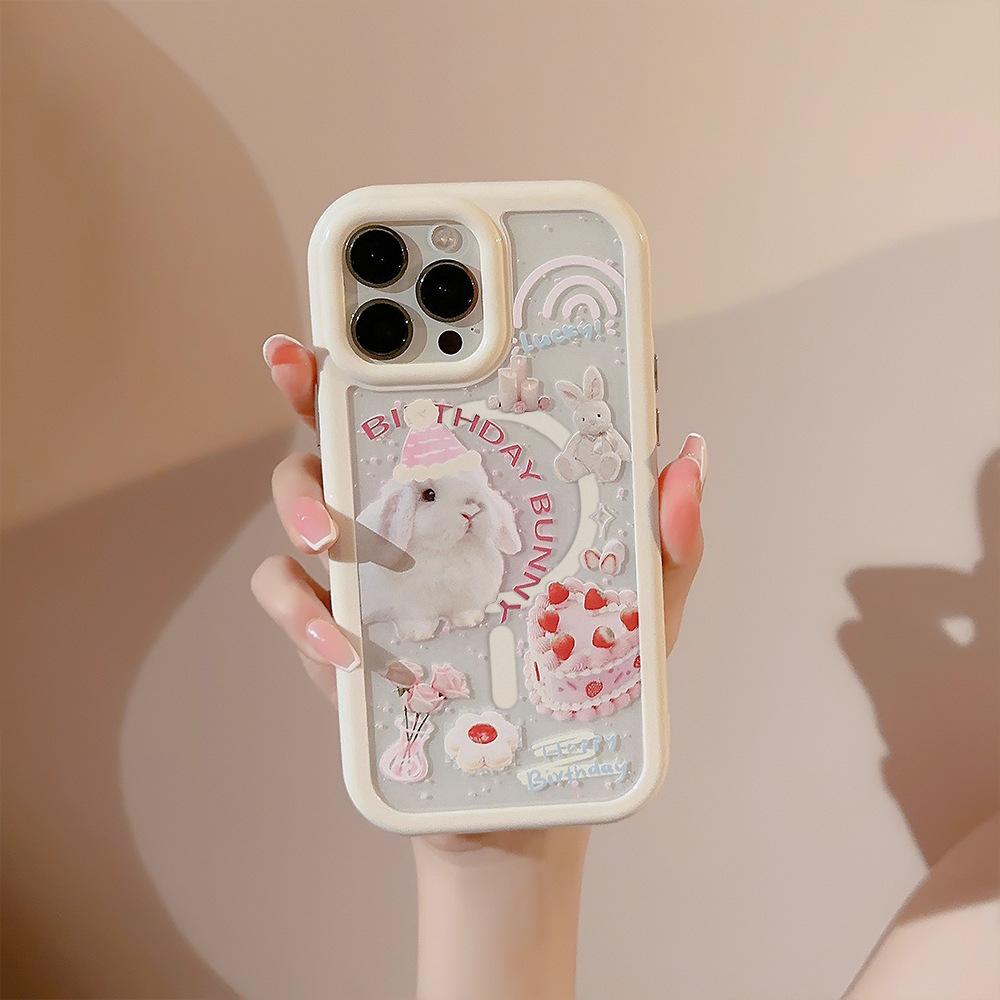 Магнитная адсорбция Подходит для чехла для мобильного телефона IPhone 16 Apple 15 Розовый торт Браслет с кроликом 14ProMax Милый 12 Защита от падения
