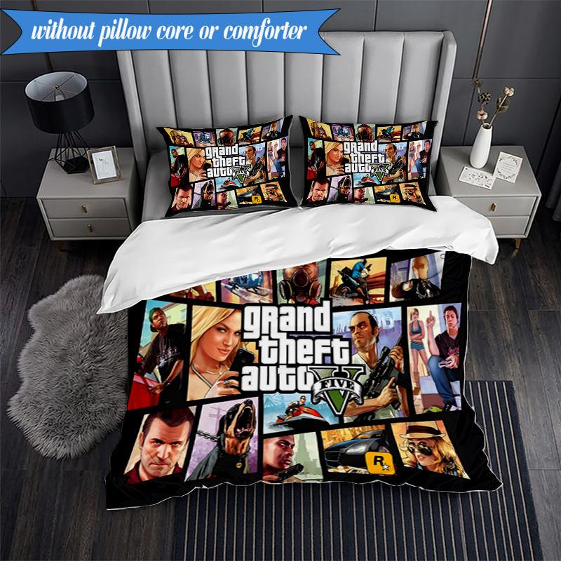 3PCS Theft Auto Printed Bedding Set For Bedroom dormitory, Includes 1 Duvet Cover & 2 Pillowcases for All Seasons Home Decor Fan gifts