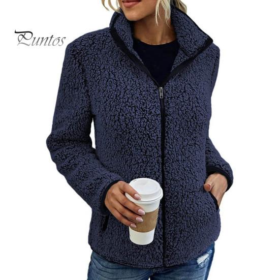 Winter Jacket Stand Collar Long Sleeves Pockets Zipper Closure Fluffy Coat Cardigan Women Autumn Solid Color Plush Streetwear