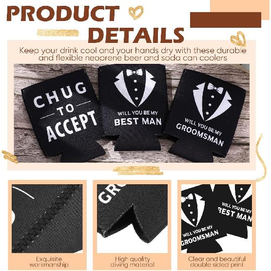 6 Pack Groomsmen Best Man Proposal Can Coolers Bachelor Gifts Groomsmen Gifts Funny Novelty Neoprene Hugger Can Sleeve Favors for Bachelor Party for