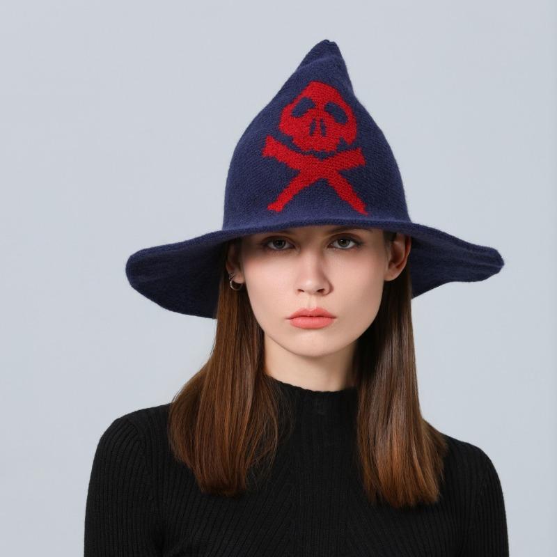 New Halloween Skull Wizard Hat Big Eaves Wool Knitted Ghost Head Witch Hat Women's Party Hat