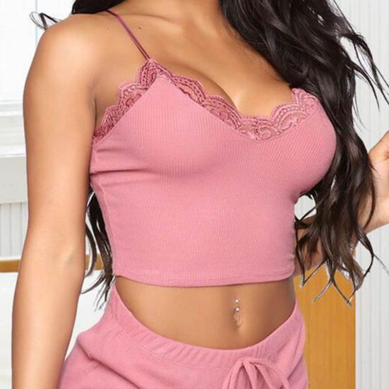 Женский пижамный комплект с кружевом и V-образным вырезом без рукавов, эластичный топ с эластичной резинкой и высокой талией, тонкий