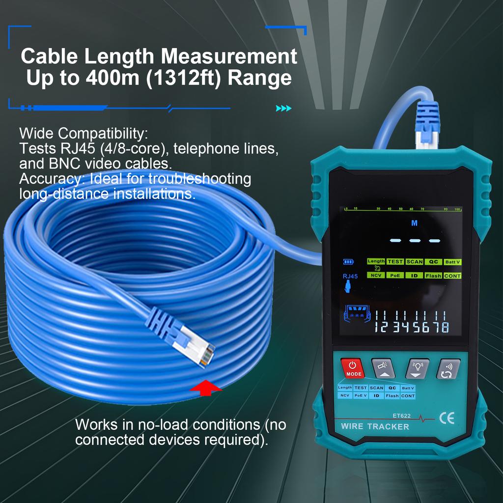 Network Cable Tester with POE Voltage Detection, Wire Tracker, RJ45 Length Measurement (400m), Cable Continuity Test,