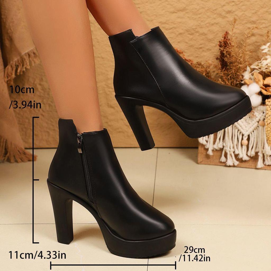 Women's Waterproof High Heel Ankle Boots - Soft Leather, Slimming French Style for Spring, Autumn, Winter - Black
