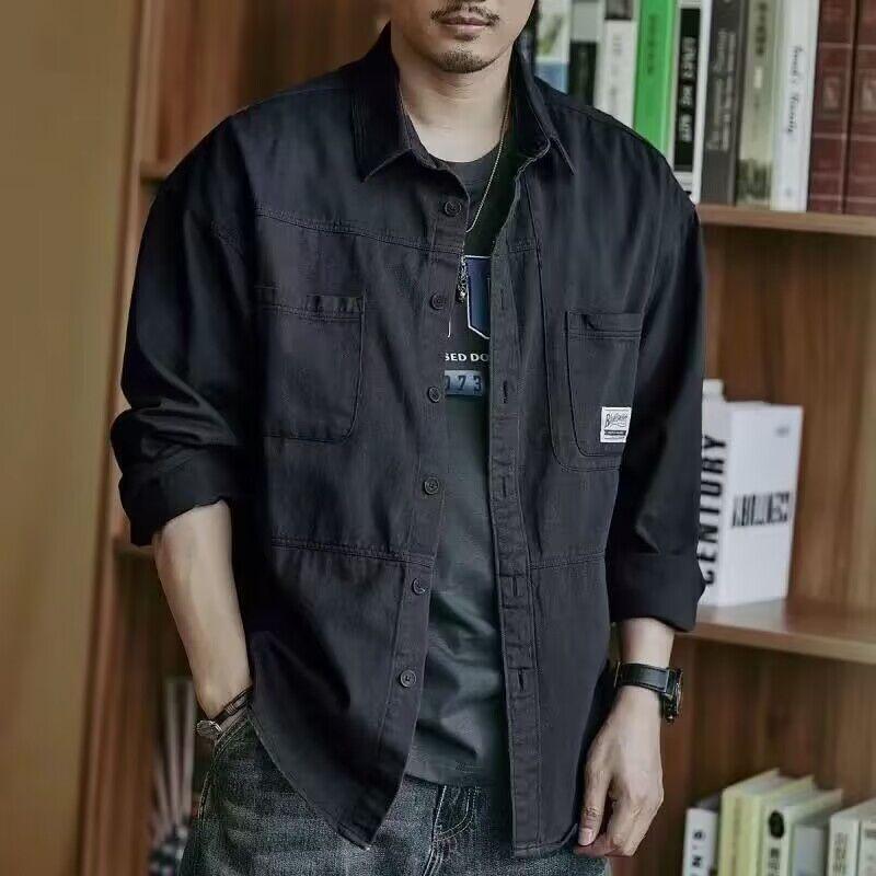 Мужская повседневная рубашка с длинным рукавом в японском стиле - осенний модный выбеленный дизайн