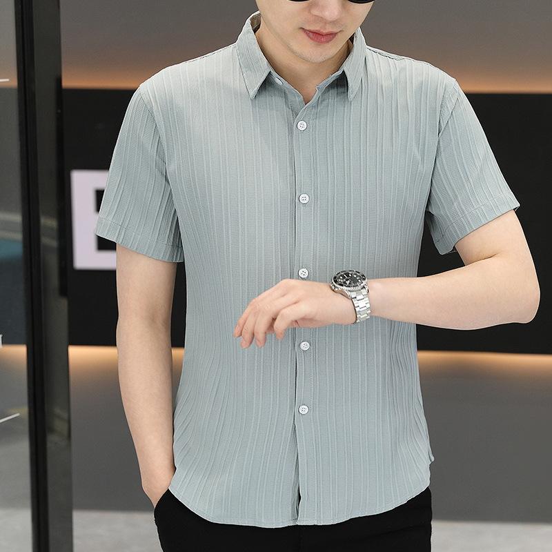 Summer Short-sleeved Shirt Men's Slim Senior Sense of Business Non-iron Striped Short-sleeved Shirt Hairstylist Tide Men's Clothing
