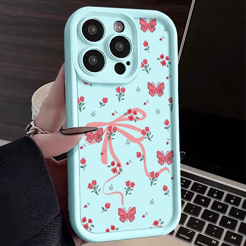 Матовый чехол TPU с цветочным принтом и бантом для iPhone 16 Pro Max 15 Pro 14 13 12 11 XS XR, защита линз, противоударный мягкий силиконовый чехол для телефона