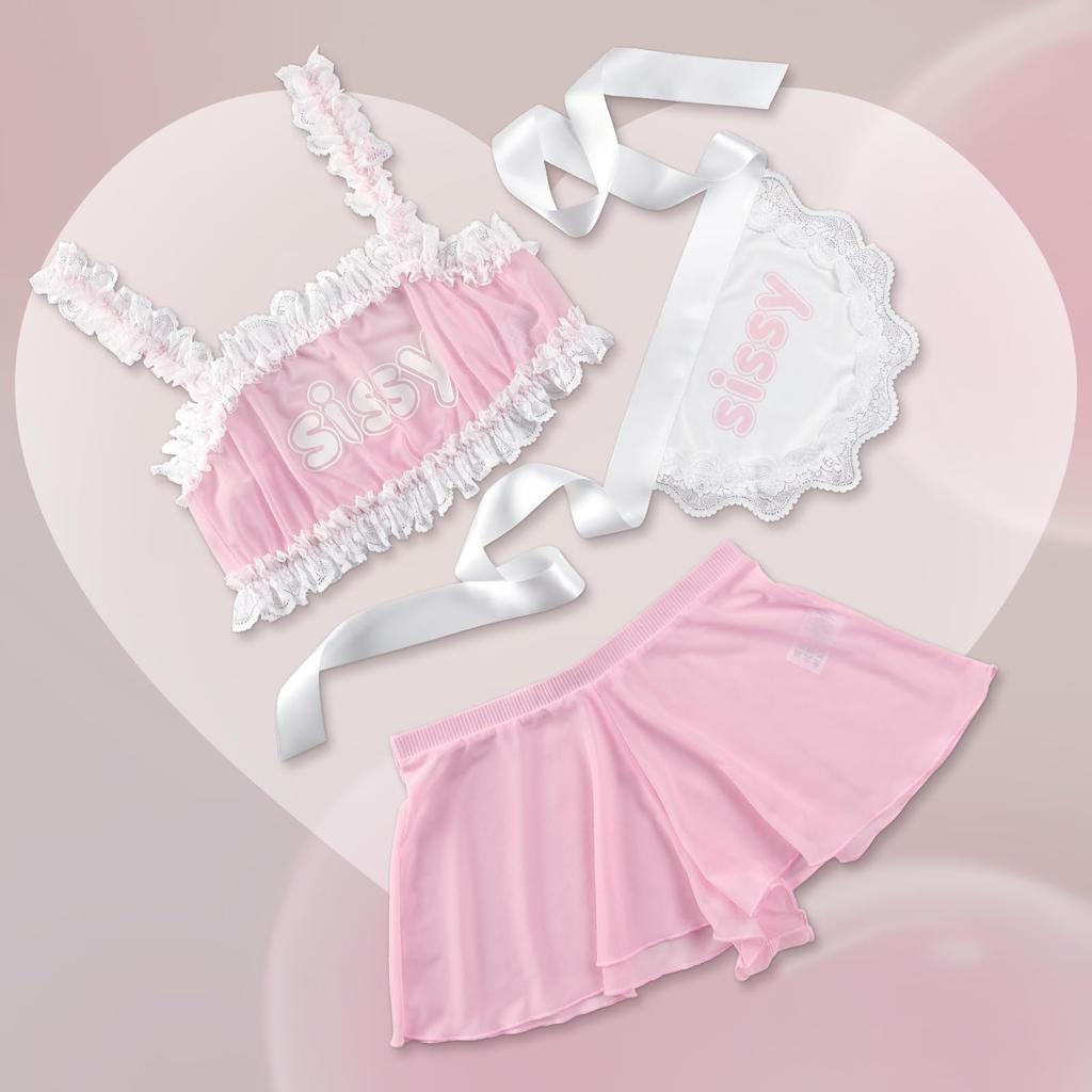 LittleForBig Unisex Bralette Set with Lace Detail, Removable Apron, See-Through Style, 3-Piece Set, Pink, Size 3XL