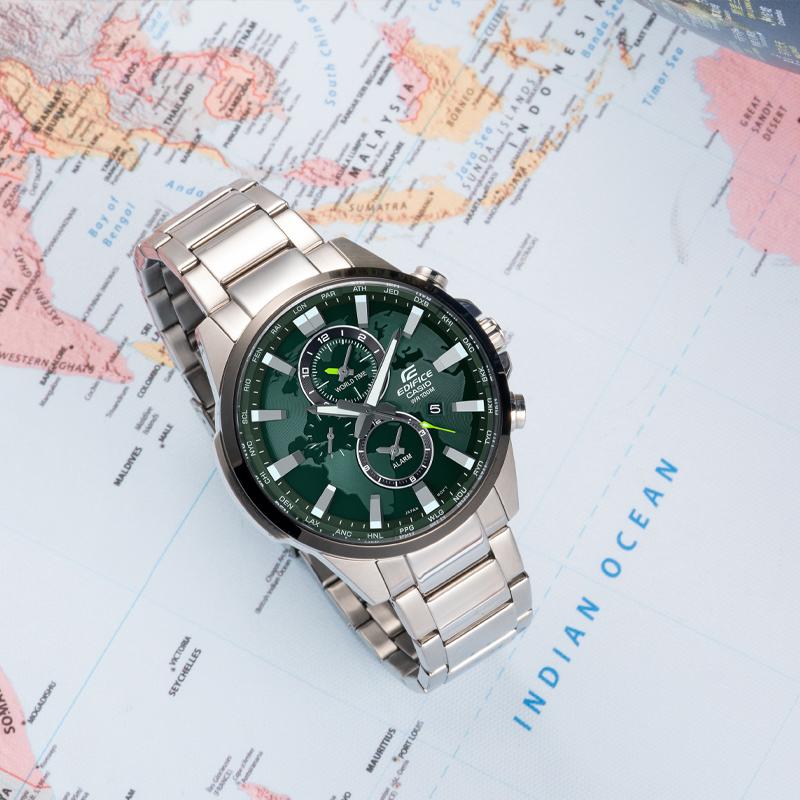 Casio EDIFICE Водонепроницаемые 100 метров Кварцевые Стальной Браслет Мужские Часы Зеленый Циферблат EFR-303DB-3A