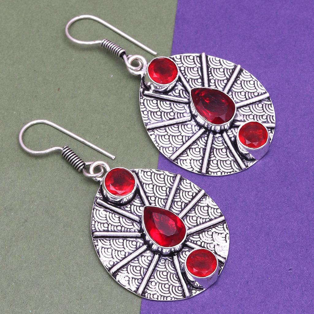 Mozambique Garnet Gemstone Unisex Women's Silver Jewelry Earring 1.5''