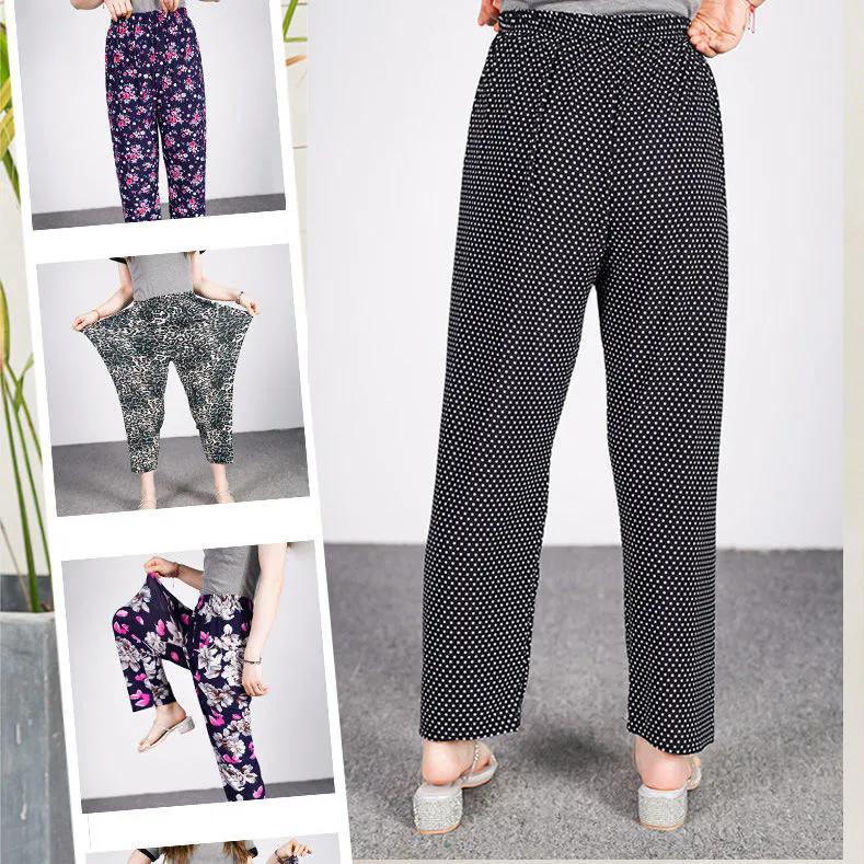 WTEMPO Женские весенне-летние эластичные тонкие брюки с высокой талией и принтом из ледяного шелка с широкими штанинами, свободные укороченные брюки для мамы