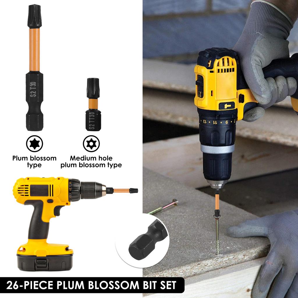 26Pcs 1/4inch Hex Shank Star Bit Kit S2 Alloy Steel Turdy Torx Bit Combination Kit 1/2inch Long T7-T40 for Electric/Hand Drills