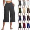 Spring and Summer Women Elastic High Waist 3/4 Pant Solid Casual Active Fit Wide Capris Leg Pants Trousers With Pockets