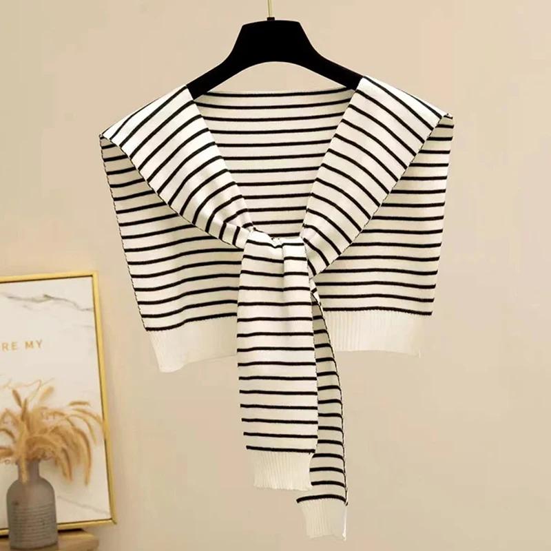 Korean Striped Knitted Warm Shawl Winter Female Blouse Shoulders Fake Collar Cape Knotted Scarf Stripe Outerwear