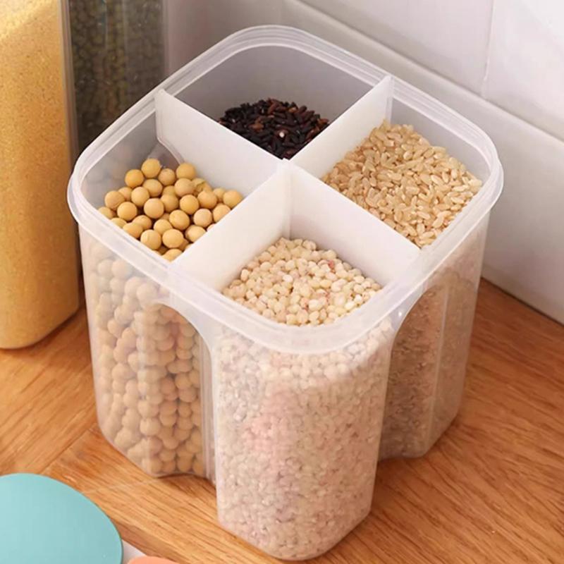 1 шт. Прозрачный контейнер для хранения четырех видов зерна и злаков, кухонные принадлежности, влагонепроницаемый, герметичный, с отделениями, банка с открывающейся крышкой