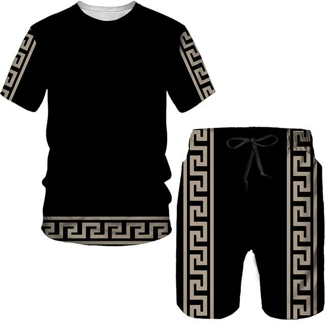 Летний мужской комплект, повседневный костюм-футболка с короткими рукавами, модный топ большого размера с 3D принтом, шорты, дышащая спортивная одежда, спортивный костюм, уличный