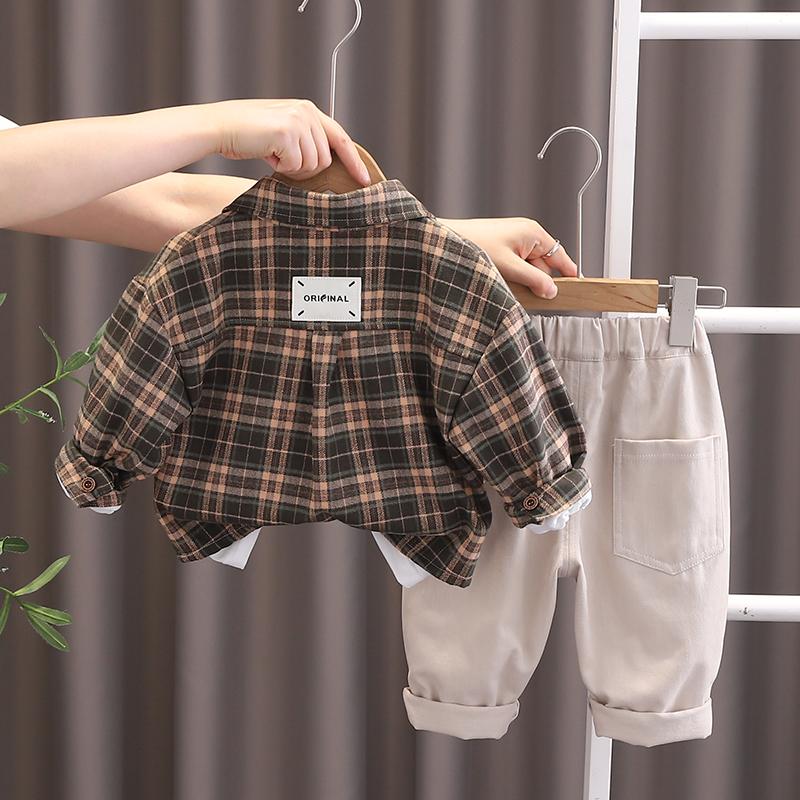 Комплект из трех предметов с длинными рукавами для мальчиков, Детям в возрасте 0-5 лет клетчатая куртка+белая футболка с принтом, Повседневные брюки