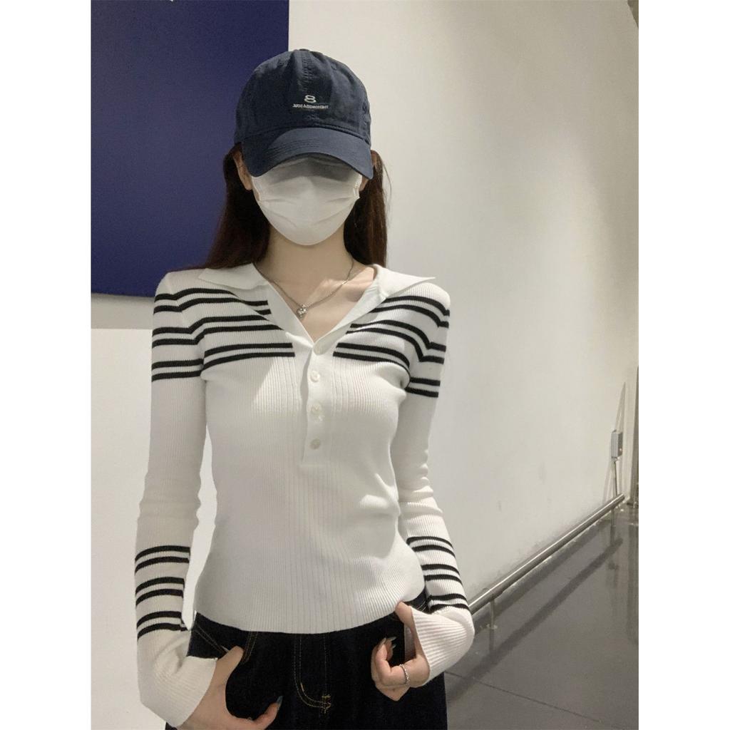 Contrasting Striped Olo Shirt Knitted Long-sleeved Shirt Bottoming Shirt with Women's Spring and Autumn Semi-open Neck High-end Top