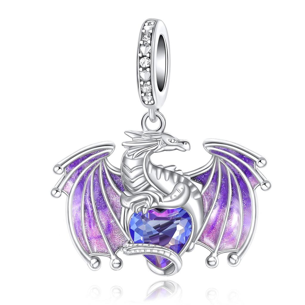 Copper Classic Purple Heart Shape Dragon Pegasus Butterfly Charms Beads Fit 3Mm Original Bracelet Diy Jewelry Gift