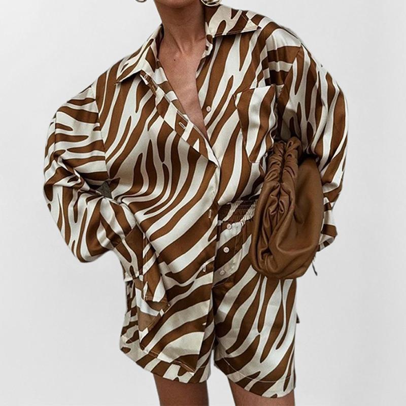 Women Fashion Printed Long Sleeve Shirt And Shorts Casual Two Piece Set