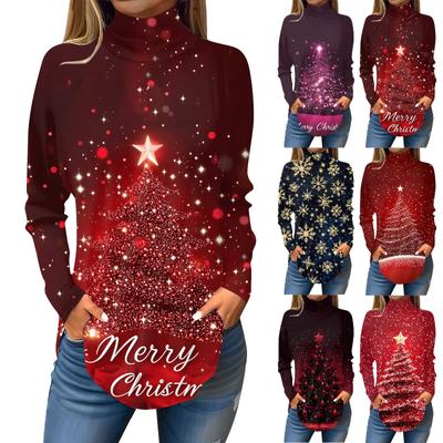 Женская модная повседневная футболка с высоким воротом и рождественским принтом, длинный рукав, пуловер, топ