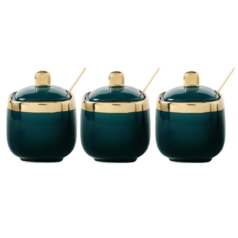 Зеленая керамическая сахарница с соленой банкой глутамата натрия, емкость для приправ, домашнее хранение, три упаковки, бытовая с крышкой-ложкой, ящик для хранения специй