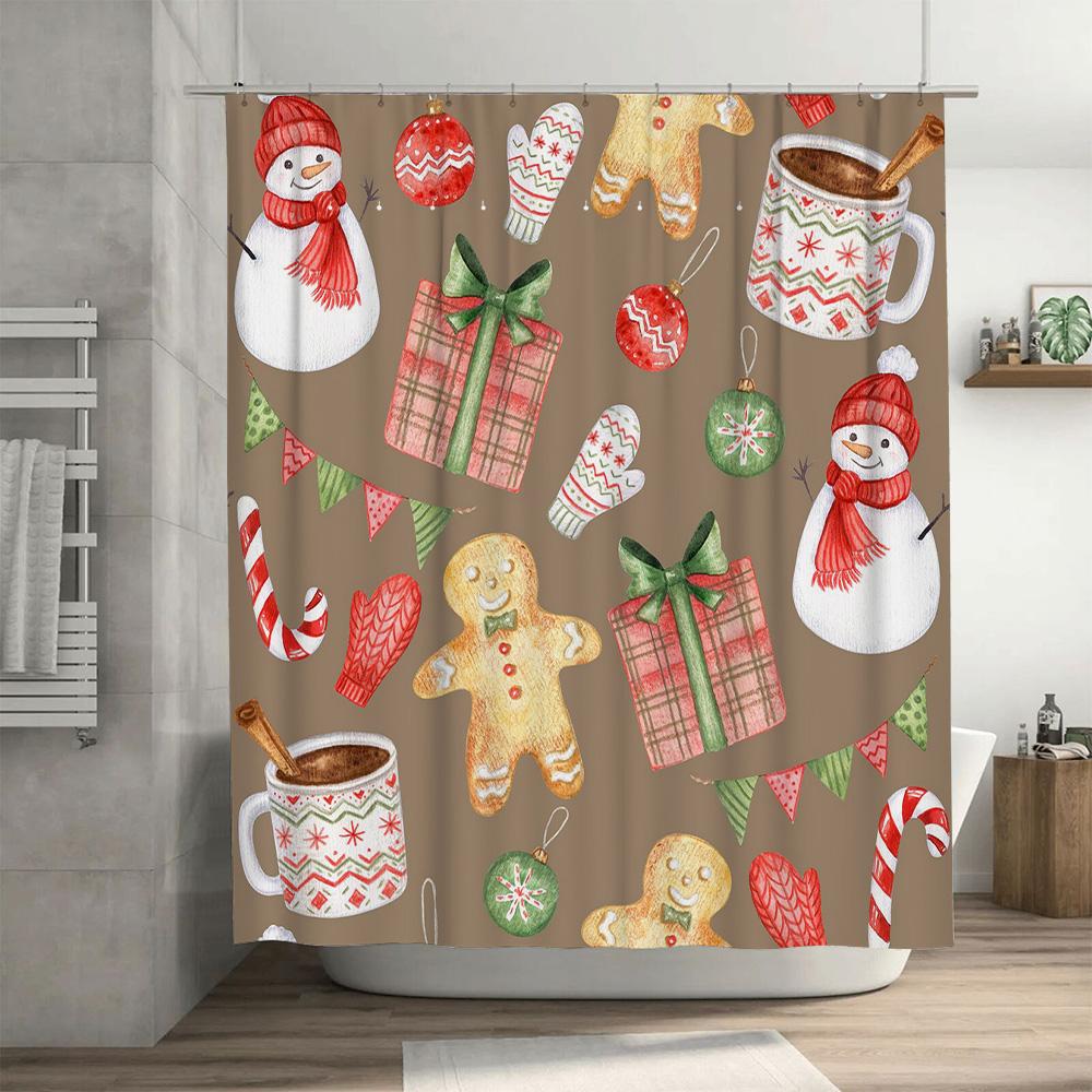 Holiday-themed shower curtain with festive snowman and candy cane designs for bathroom decor