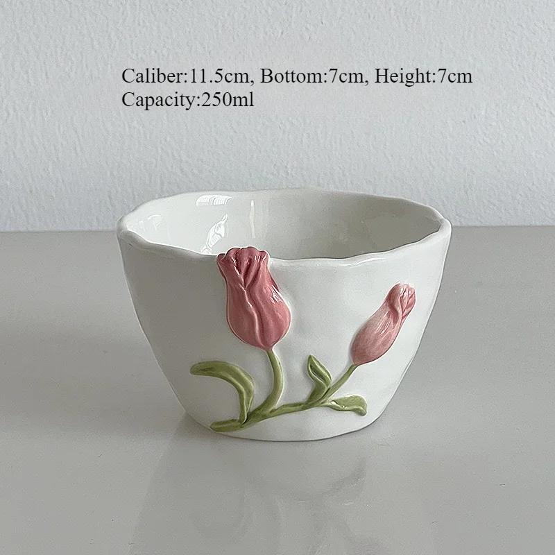 Creative Tulip Ceramic Coffee Cups Plate Bowl Set Embossed Mug with Handle Vintage Home Milk Dining Dish Breakfast Tea Drinking