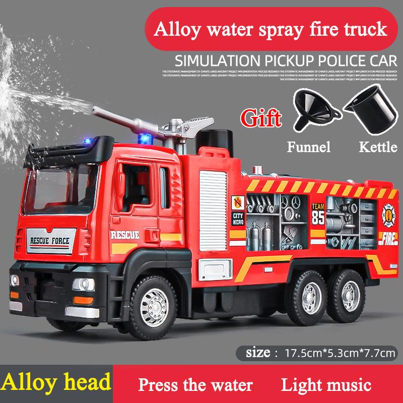 Игрушечная пожарная машина в масштабе 1/24 с металлической кабиной, световой и звуковой сиреной, рабочим водяным насосом и выдвижной вращающейся спасательной лестницей, игрушкой с фрикционным приводом