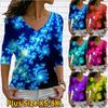 Women Autumn Floral Blue and Gorgeous Flowers Printed Long Sleeve T-Shirts Loose V-Neck Plus Size Tee Shirt Tops Comfy Blouse