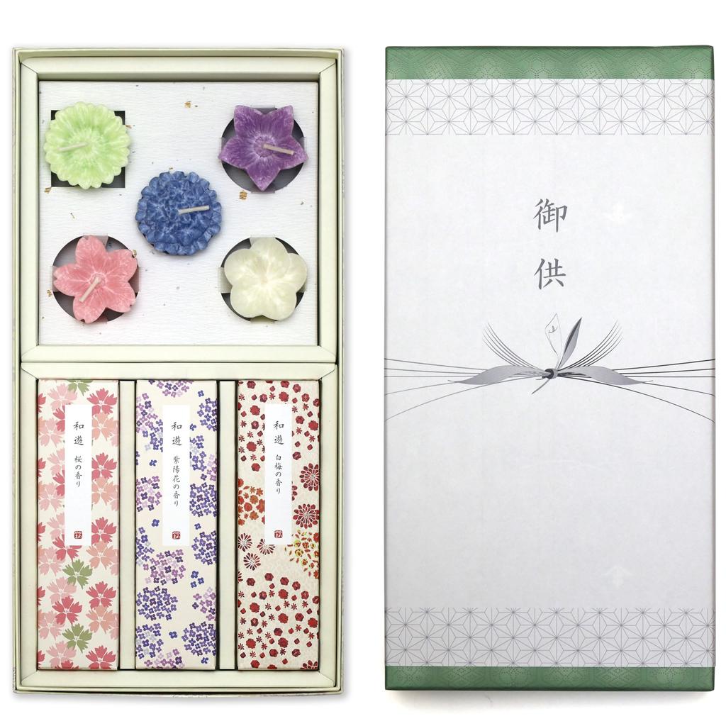 Sympathy Incense Gifts [Wayu 3 Types Sandalwood with Outer Wrapping, Candle] Made In Japan, Low Smoke, Gift-Giving Incense for Buddhist Altars,