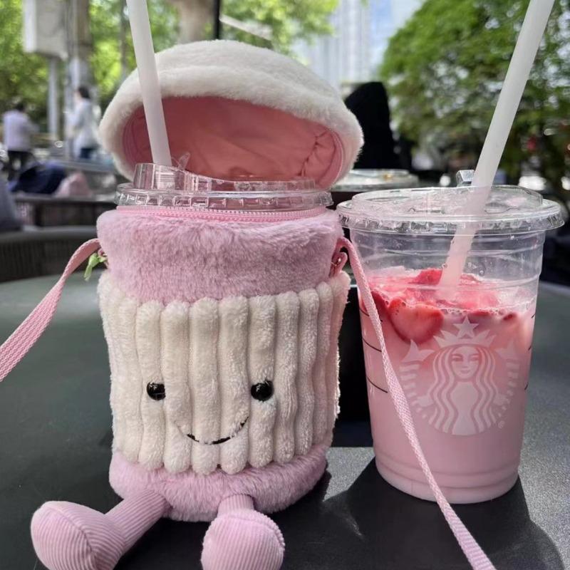 Cute Cartoon Soft Plush Crossbody Bag Cartoon Cup Sleeves, Coffee Water Cup Bag Cartoon Milk Tea Bag