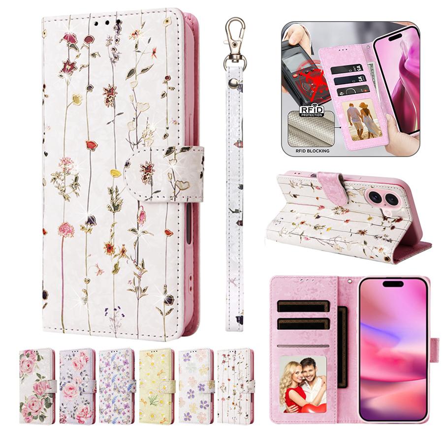 Роскошный тисненый цветочный браслет чехол для телефона iPhone 16 15 14 13 12 11 Samsung S25 S24 S23 A16 A15 A14 A56 A55 RFID блокирующий держатель для карт кошелек