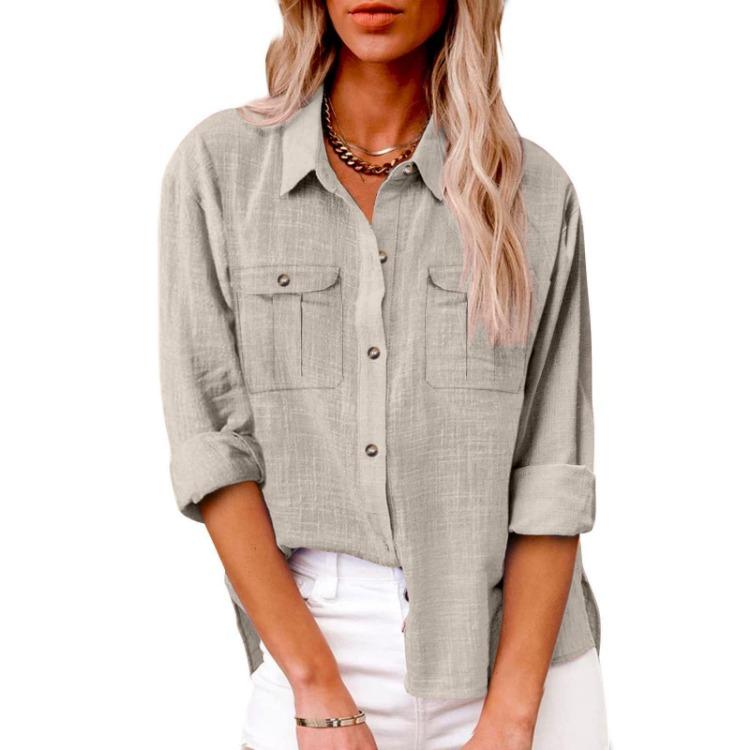 Women Casual Large Size Autumn Fashion Long Sleeve Solid Color Button Shirt Loose