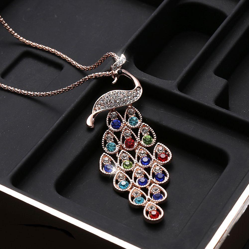 Hot Sale Special Trendy Unique New Colorful Crystal Peacock Pendants Necklaces for Women Long