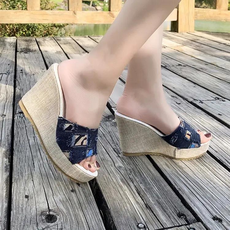 Fashion Rubber Wedge Heel Women's Slippers High Heels Light Mouth Simple Metal Women's Shoes Summer Women's Heel Sandals